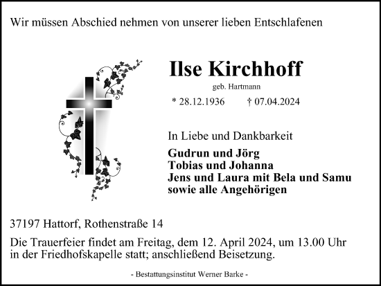 Traueranzeige von Ilse Kirchhoff von Harz Kurier