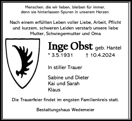 Traueranzeige von Inge Obst von Harz Kurier