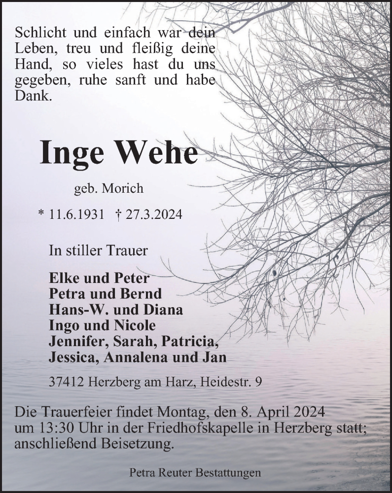  Traueranzeige für Inge Wehe vom 04.04.2024 aus Harz Kurier
