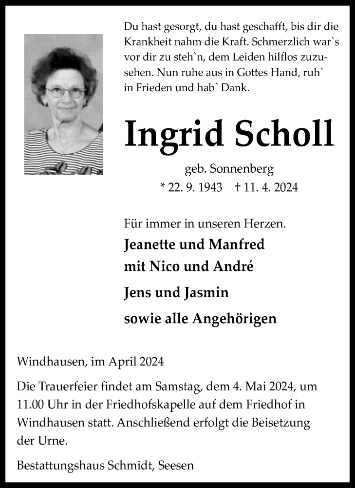  Traueranzeige für Ingrid Scholl vom 27.04.2024 aus Harz Kurier
