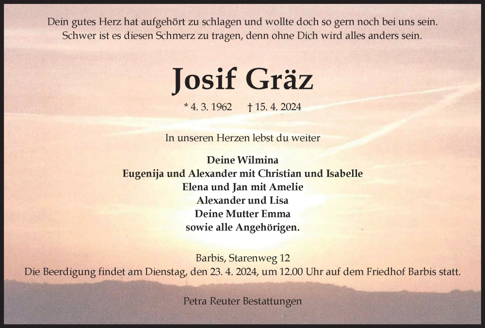  Traueranzeige für Josif Gräz vom 20.04.2024 aus Harz Kurier
