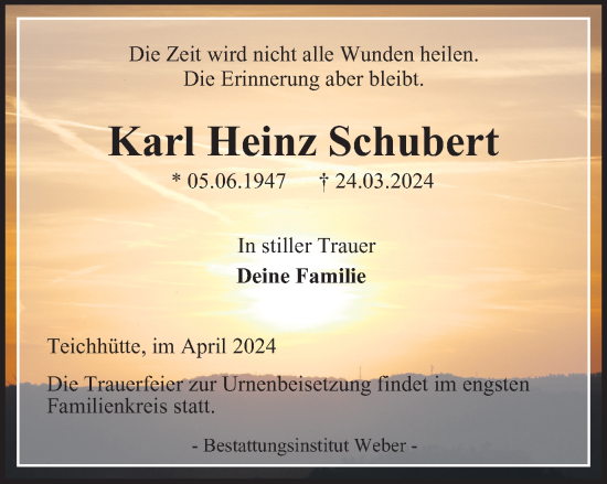 Traueranzeige von Karl Heinz Schubert von Harz Kurier
