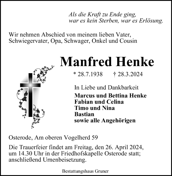 Traueranzeige von Manfred Henke von Harz Kurier