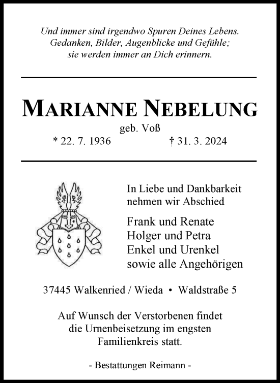 Traueranzeige von Marianne Nebelung von Harz Kurier