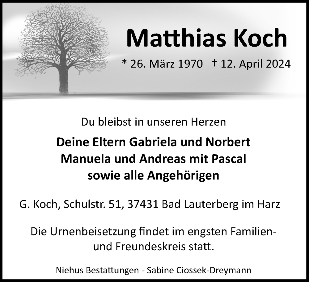  Traueranzeige für Matthias Koch vom 20.04.2024 aus Harz Kurier