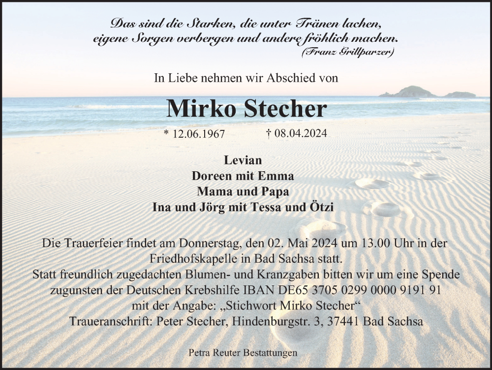  Traueranzeige für Mirko Stecher vom 20.04.2024 aus Harz Kurier