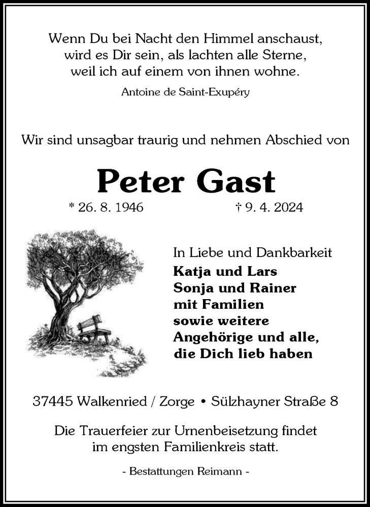  Traueranzeige für Peter Gast vom 17.04.2024 aus Harz Kurier