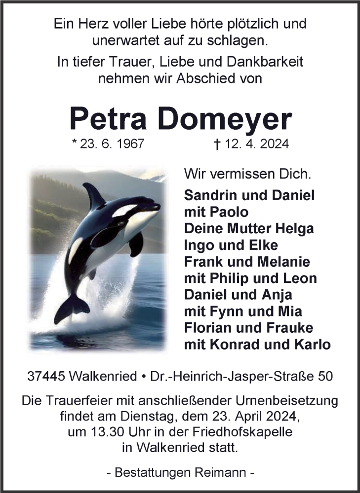  Traueranzeige für Petra Domeyer vom 20.04.2024 aus Harz Kurier
