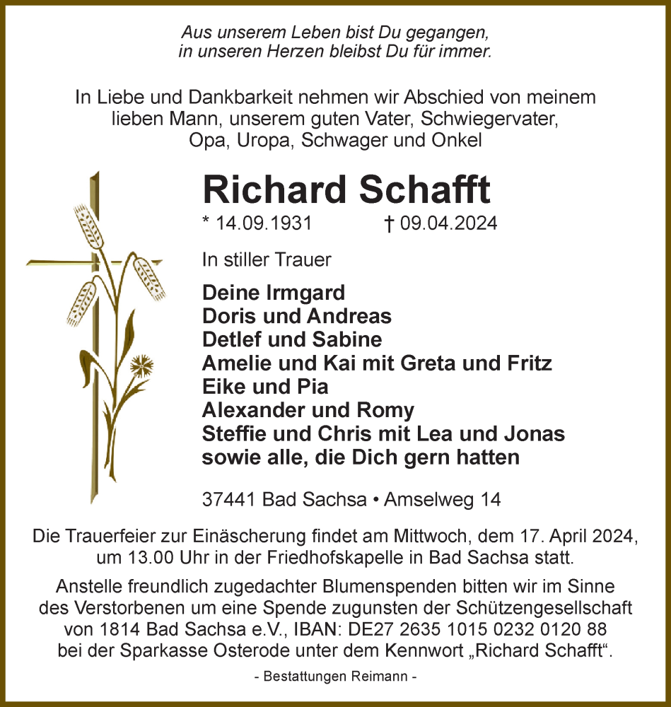  Traueranzeige für Richard Schafft vom 13.04.2024 aus Harz Kurier