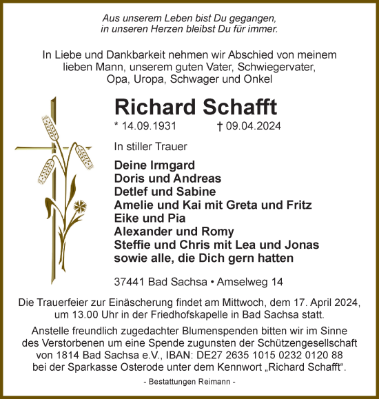 Traueranzeige von Richard Schafft von Harz Kurier
