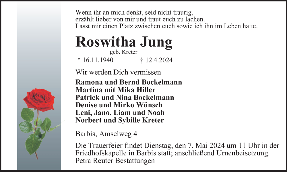  Traueranzeige für Roswitha Jung vom 18.04.2024 aus Harz Kurier