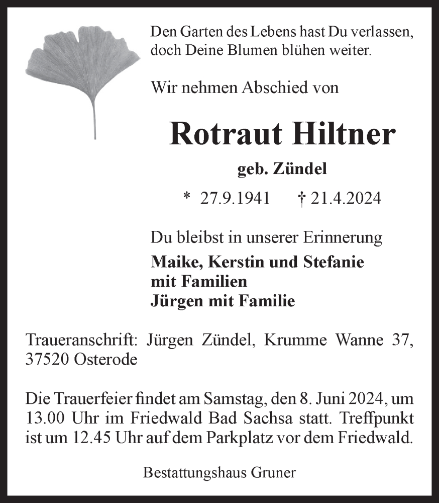  Traueranzeige für Rotraut Hiltner vom 27.04.2024 aus Harz Kurier