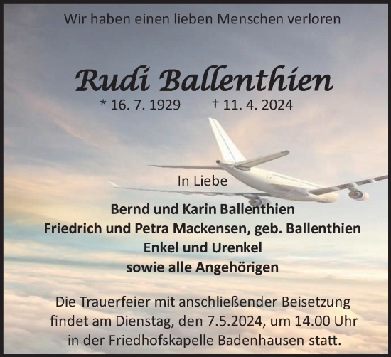Traueranzeige von Rudi Ballenthien von Harz Kurier