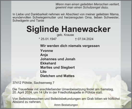 Traueranzeige von Siglinde Hanewacker von Harz Kurier
