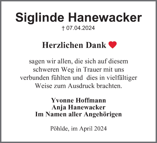 Traueranzeige von Siglinde Hanewacker von Harz Kurier