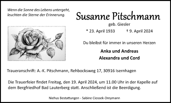 Traueranzeige von Susanne Pitschmann von Harz Kurier