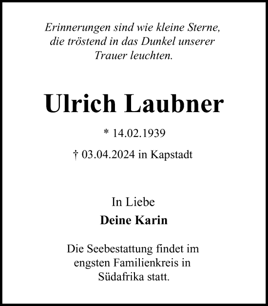 Traueranzeige von Ulrich Laubner von Harz Kurier