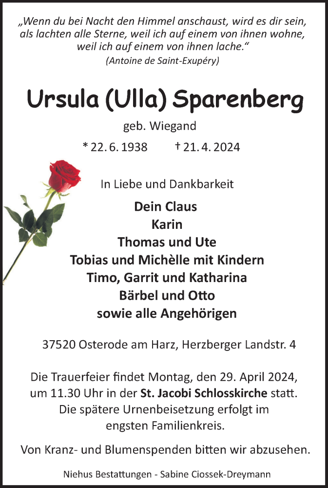  Traueranzeige für Ursula Sparenberg vom 24.04.2024 aus Harz Kurier