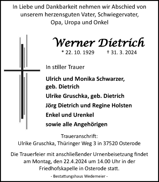 Traueranzeige von Werner Dietrich von Harz Kurier