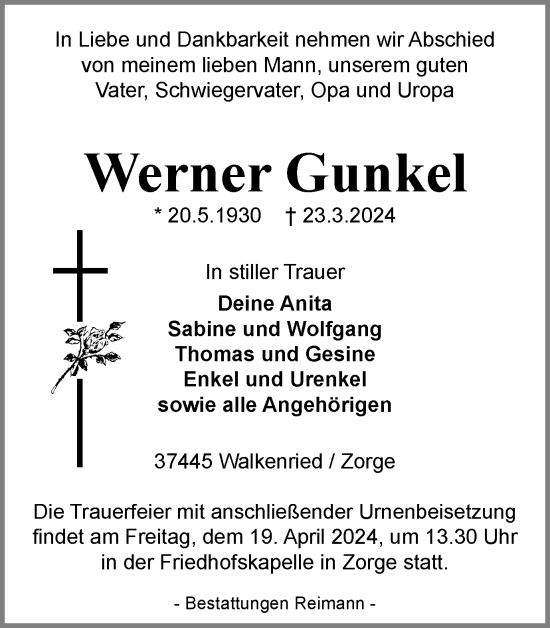 Traueranzeige von Werner Gunkel von Harz Kurier