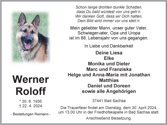 Traueranzeige von Werner Roloff von Harz Kurier