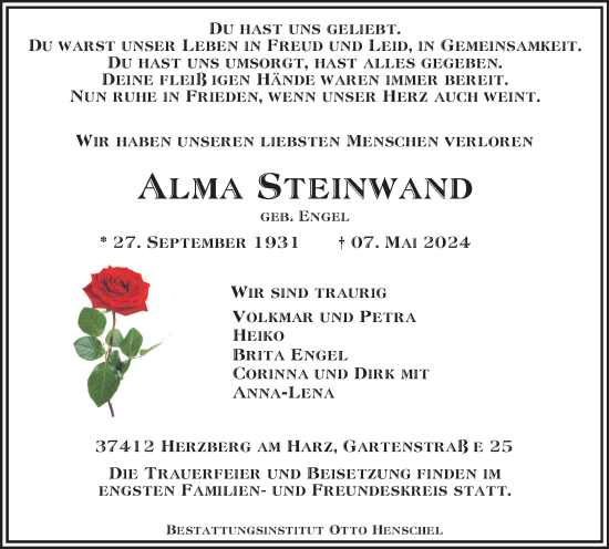 Traueranzeige von Alma Steinwand von Harz Kurier