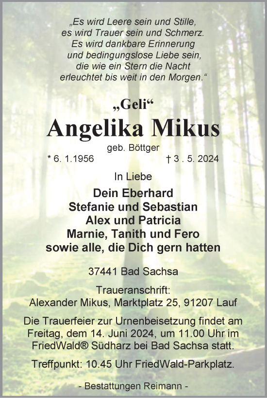 Traueranzeige von Angelika Mikus von Harz Kurier