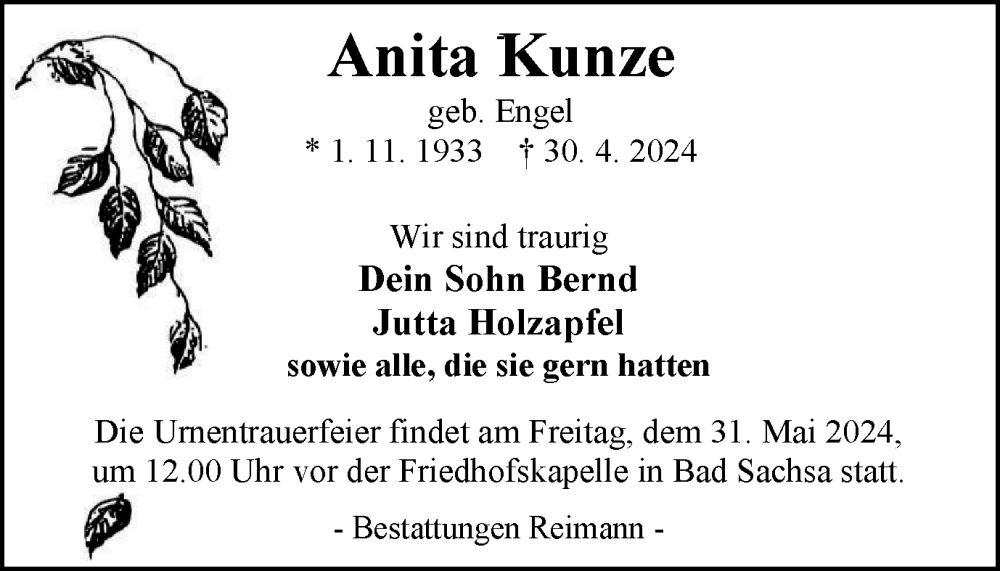  Traueranzeige für Anita Kunze vom 18.05.2024 aus Harz Kurier