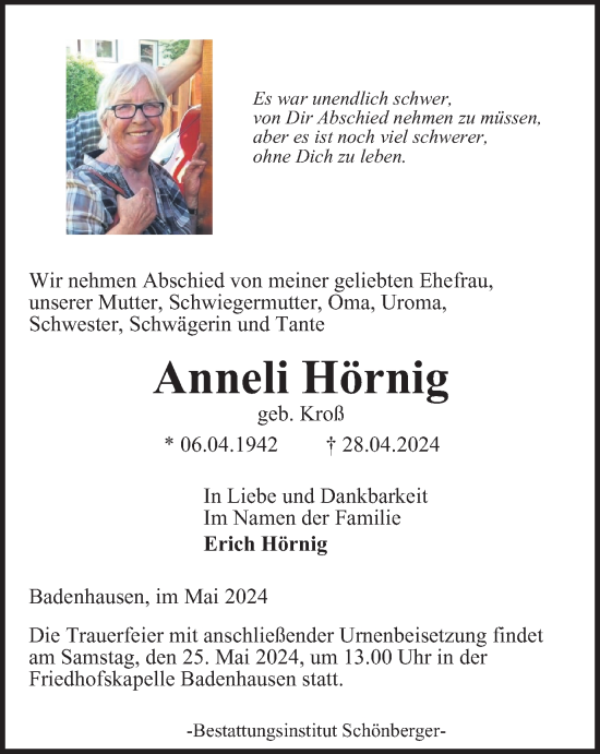 Traueranzeige von Anneli Hörnig von Harz Kurier