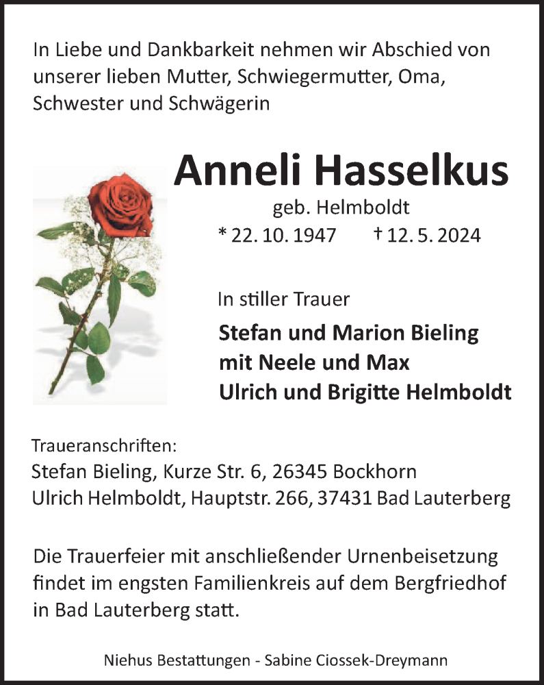  Traueranzeige für Annelu Hasselkus vom 25.05.2024 aus Harz Kurier