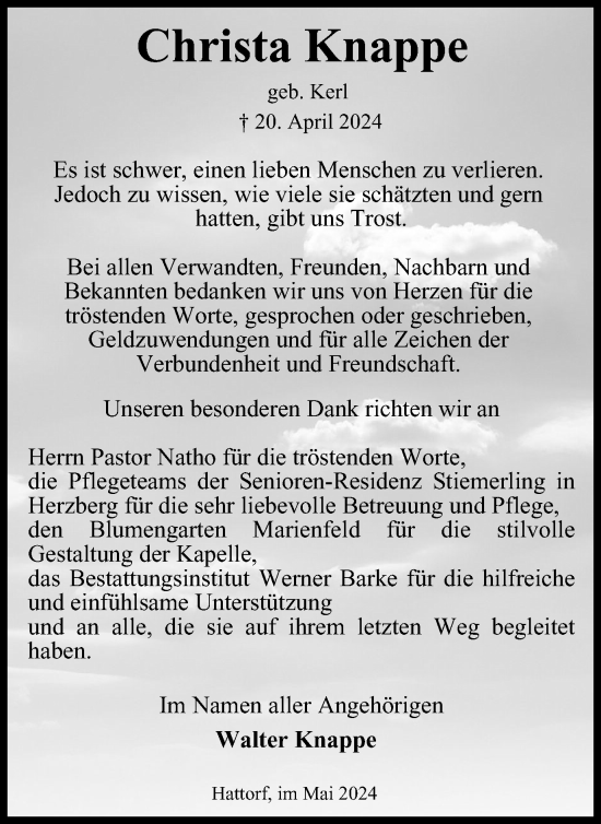 Traueranzeige von Christa Knappe von Harz Kurier