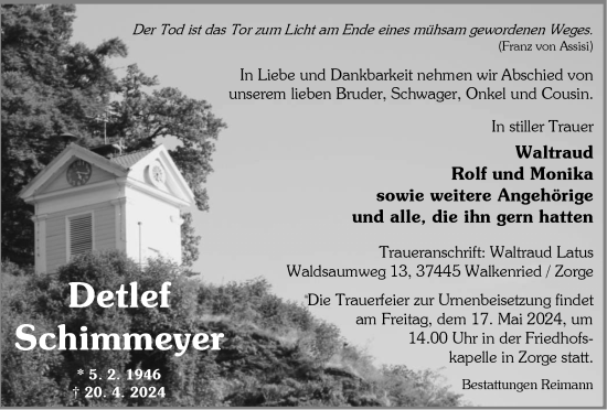 Traueranzeige von Detlef Schimmeyer von Harz Kurier