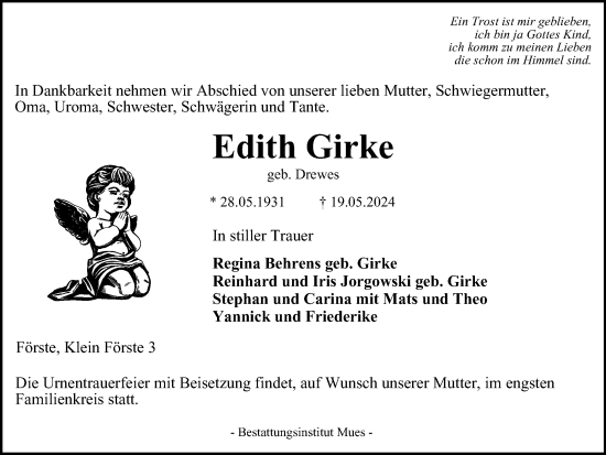 Traueranzeige von Edith Girke von Harz Kurier