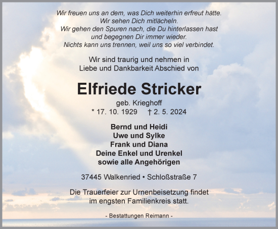 Traueranzeige von Elfriede Stricker von Harz Kurier