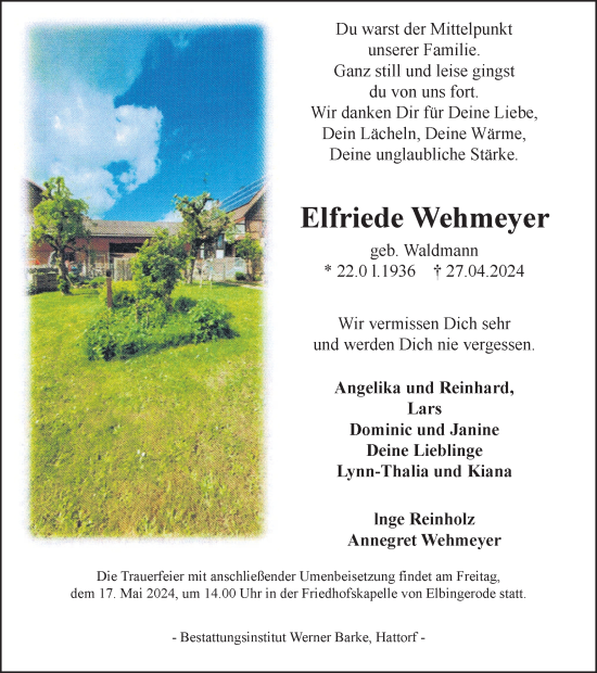 Traueranzeige von Elfriede Wehmeyer von Harz Kurier