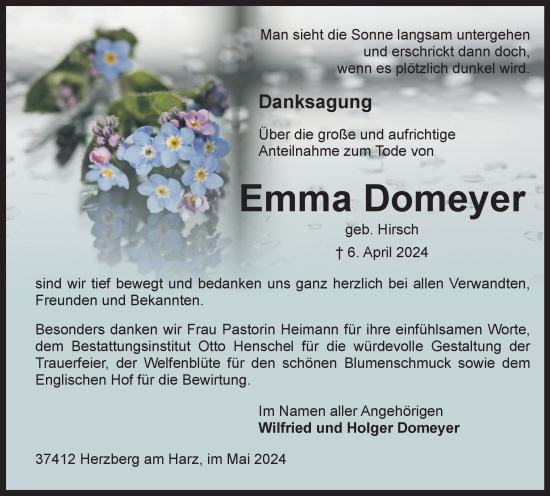 Traueranzeige von Emma Domeyer von Harz Kurier