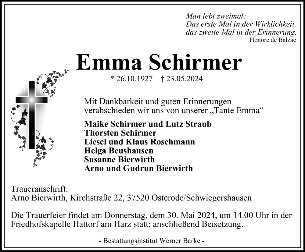  Traueranzeige für Emma Schirmer vom 25.05.2024 aus Harz Kurier