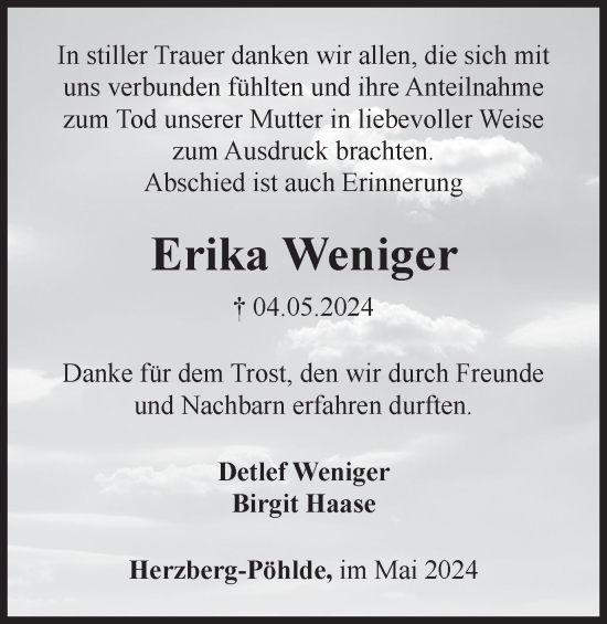 Traueranzeige von Erika Weniger von Harz Kurier