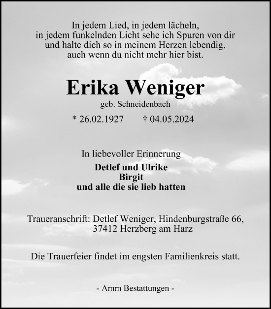 Traueranzeige von Erika Weniger von Harz Kurier