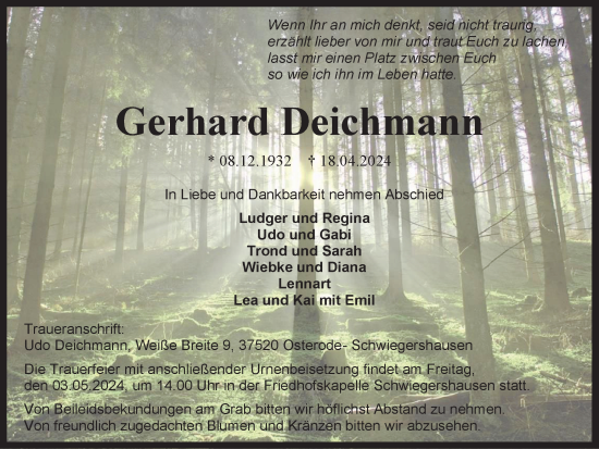 Traueranzeige von Gerhard Deichmann von Harz Kurier