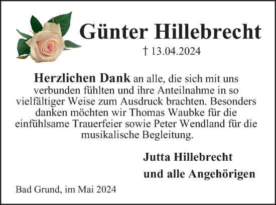 Traueranzeige von Günter Hillebrecht von Harz Kurier