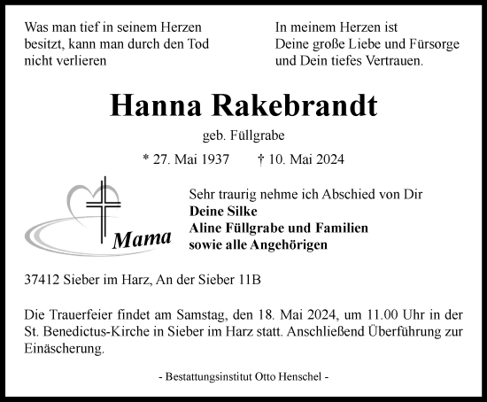 Traueranzeige von Hanna Rakebrandt von Harz Kurier
