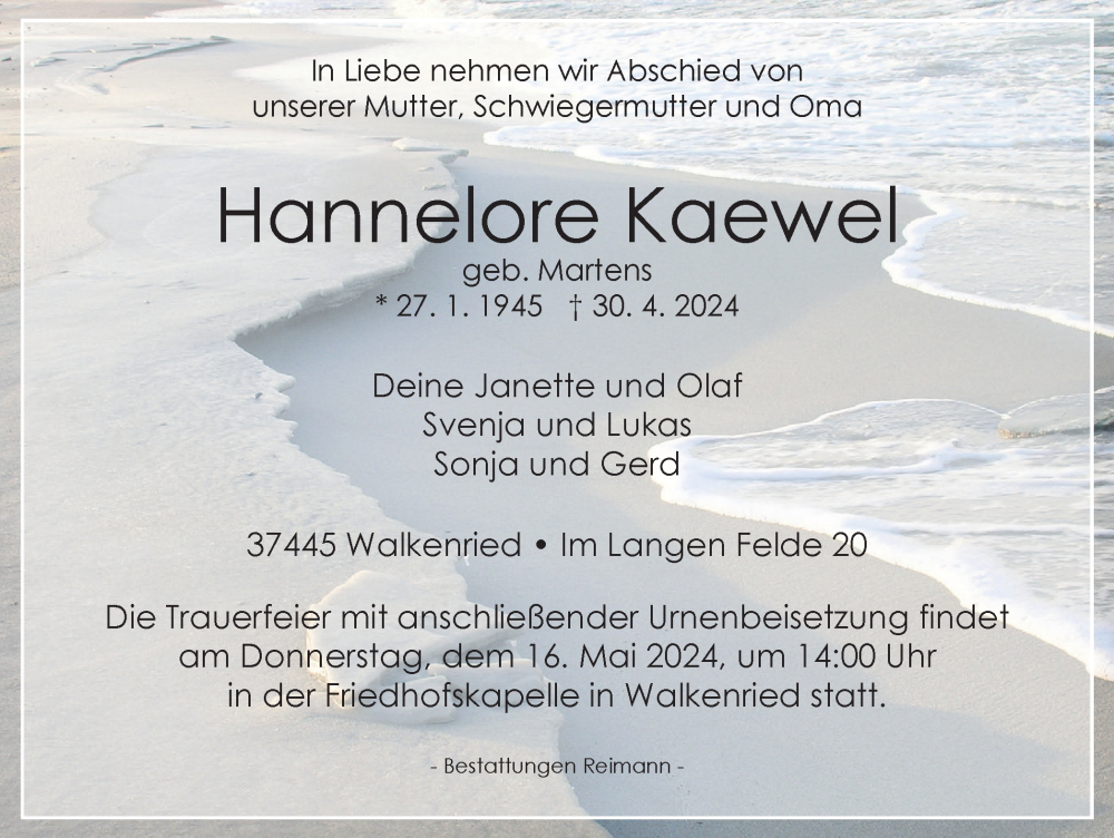  Traueranzeige für Hannelore Kaewel vom 04.05.2024 aus Harz Kurier