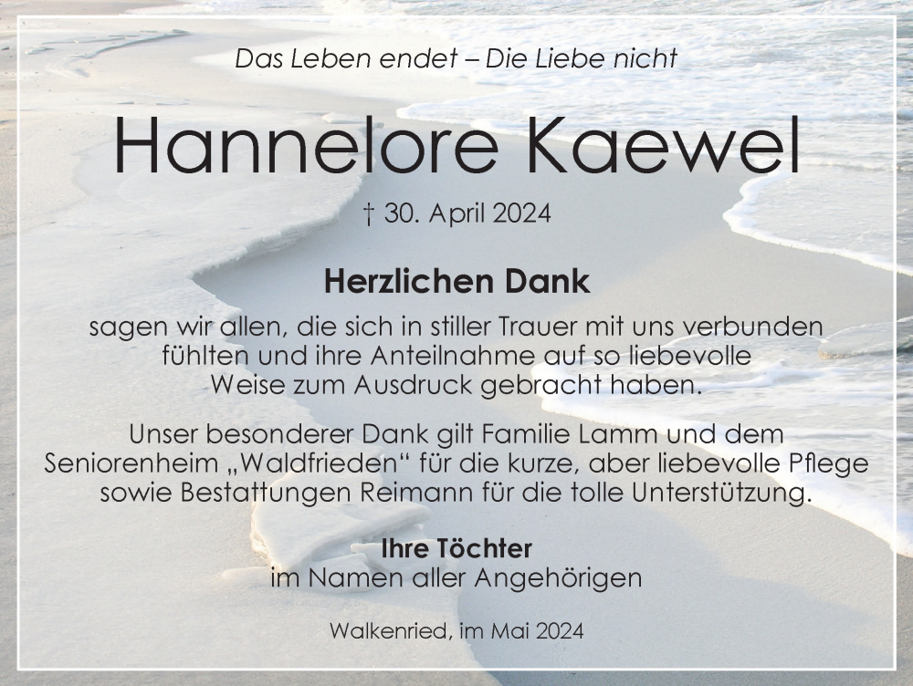  Traueranzeige für Hannelore Kaewel vom 25.05.2024 aus Harz Kurier