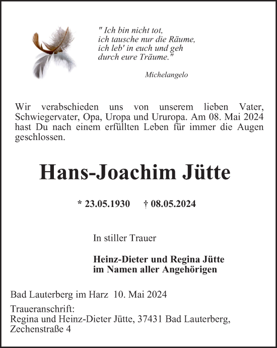Traueranzeige von Hans-Joachim Jütte von Harz Kurier