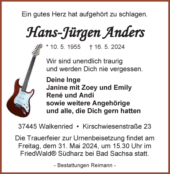 Traueranzeige von Hans-Jürgen Anders von Harz Kurier