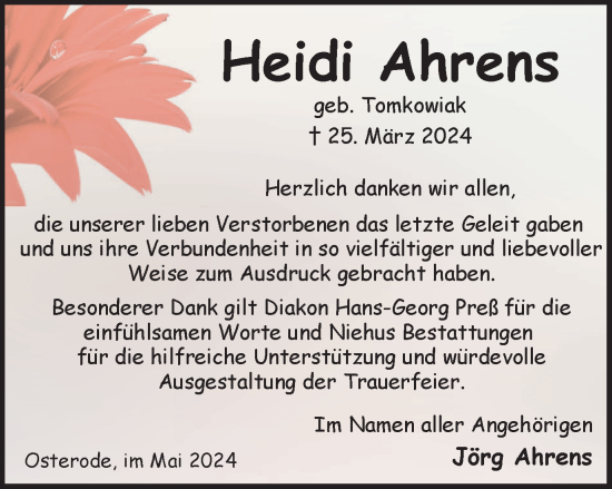 Traueranzeige von Heidi Ahrens von Harz Kurier