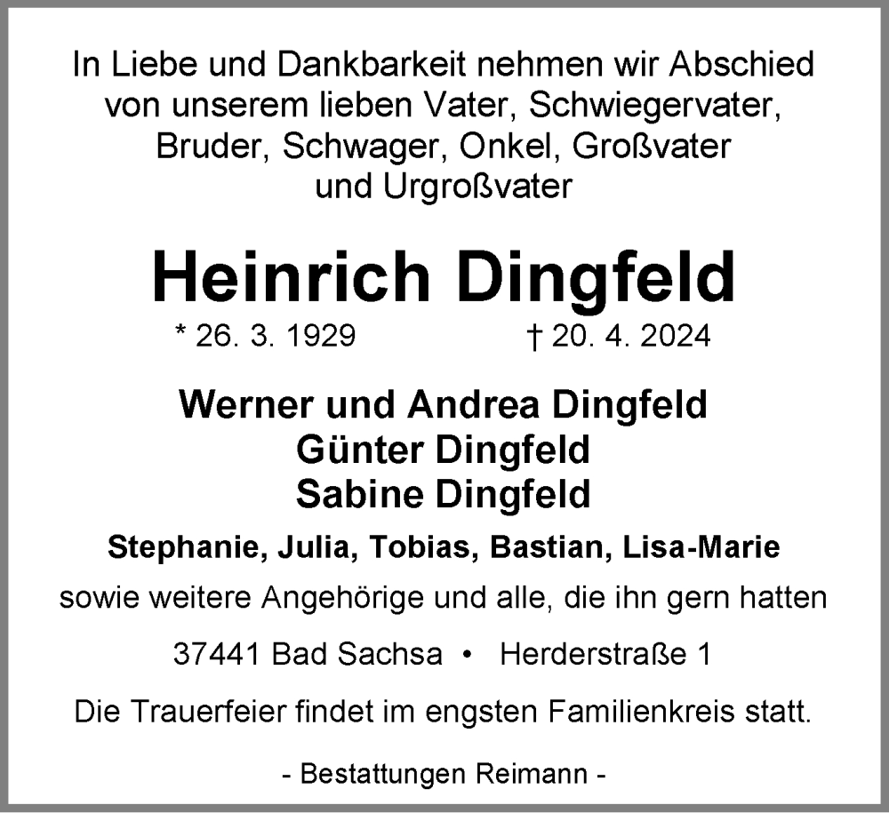  Traueranzeige für Heinrich Dingfeld vom 18.05.2024 aus Harz Kurier