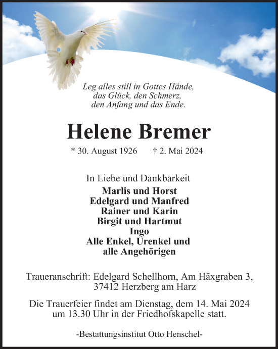 Traueranzeige von Helene Bremer von Harz Kurier