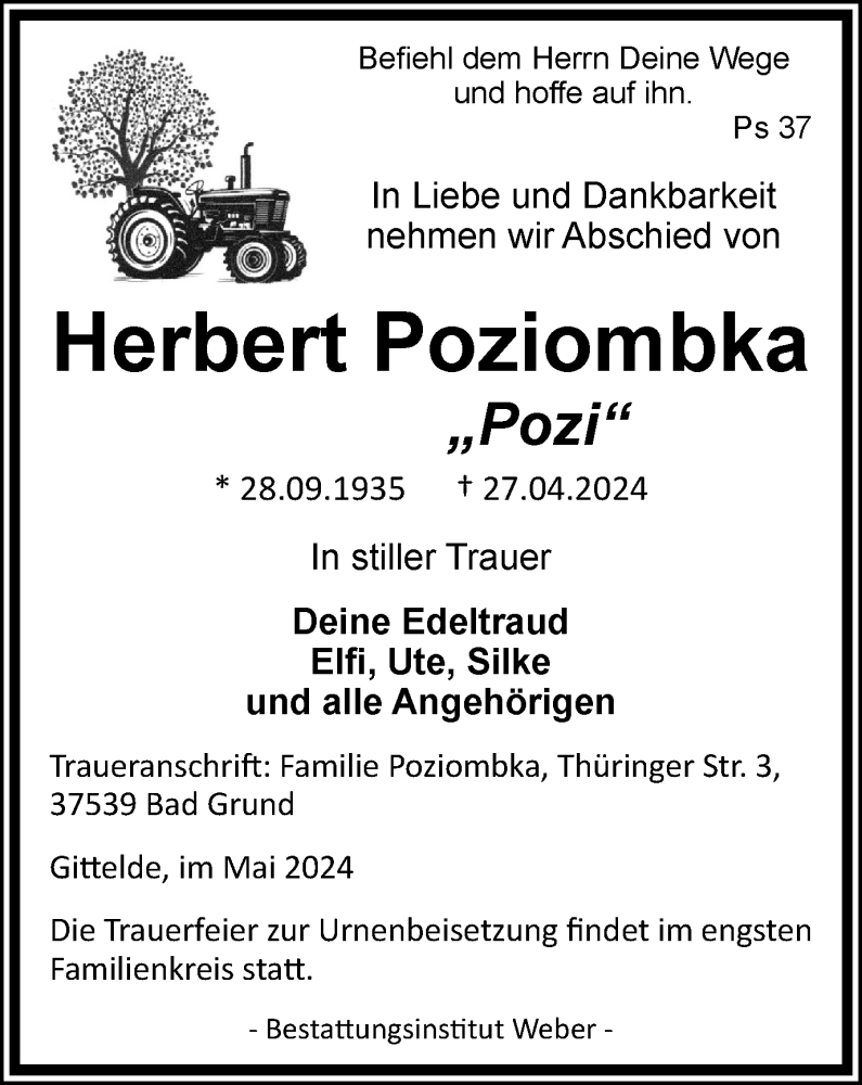  Traueranzeige für Herbert Poziombka vom 11.05.2024 aus Harz Kurier